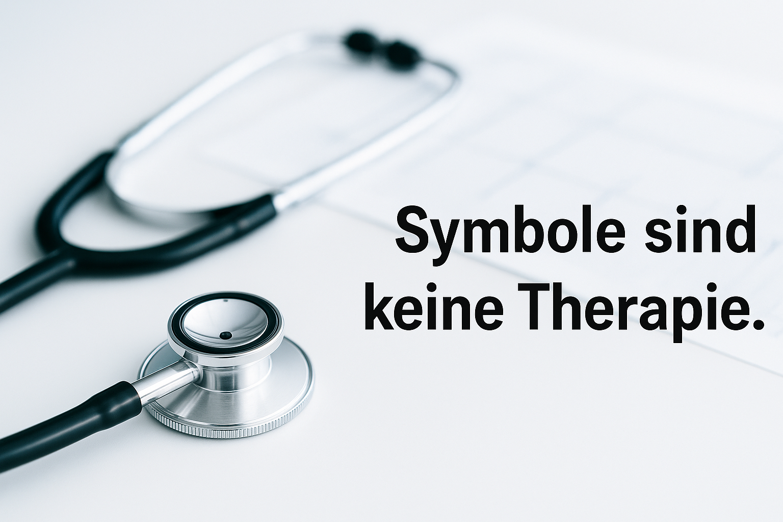 Helles, klinisches Stillleben: Stethoskop. Headline im freien Weißraum: Symbole sind keine Therapie.