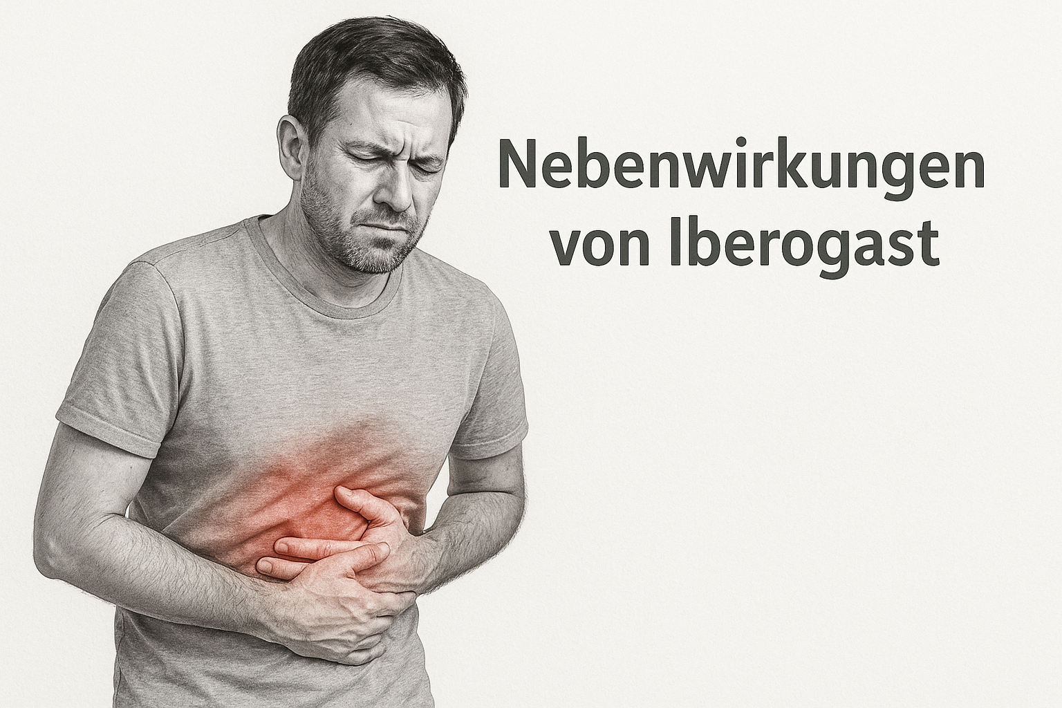 Mann (35–40) mit Magenschmerzen vor weißem Hintergrund; rechts der Schriftzug »Nebenwirkungen von Iberogast«.