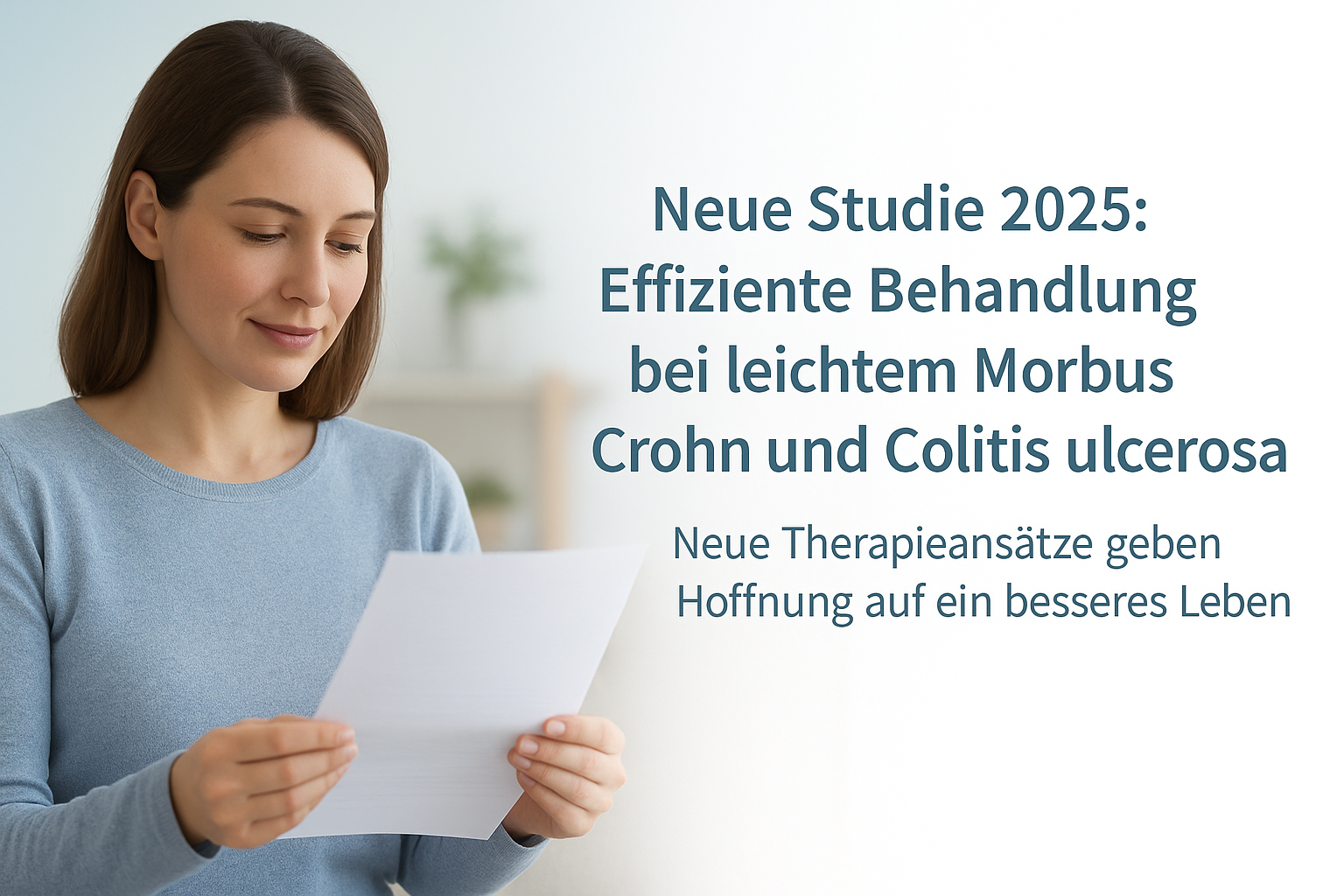 Frau liest Arztbrief über neue Therapie bei Morbus Crohn und Colitis ulcerosa, helles Licht, ruhige Atmosphäre