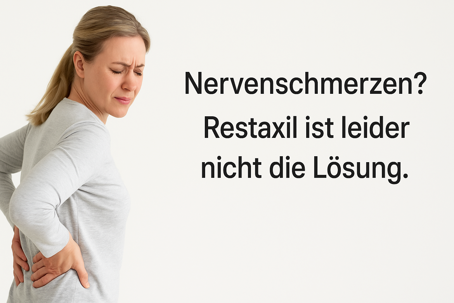 Frau mit Rückenschmerzen hält den unteren Rücken; rechts steht der Hinweis: „Nervenschmerzen? Restaxil ist leider nicht die Lösung.“