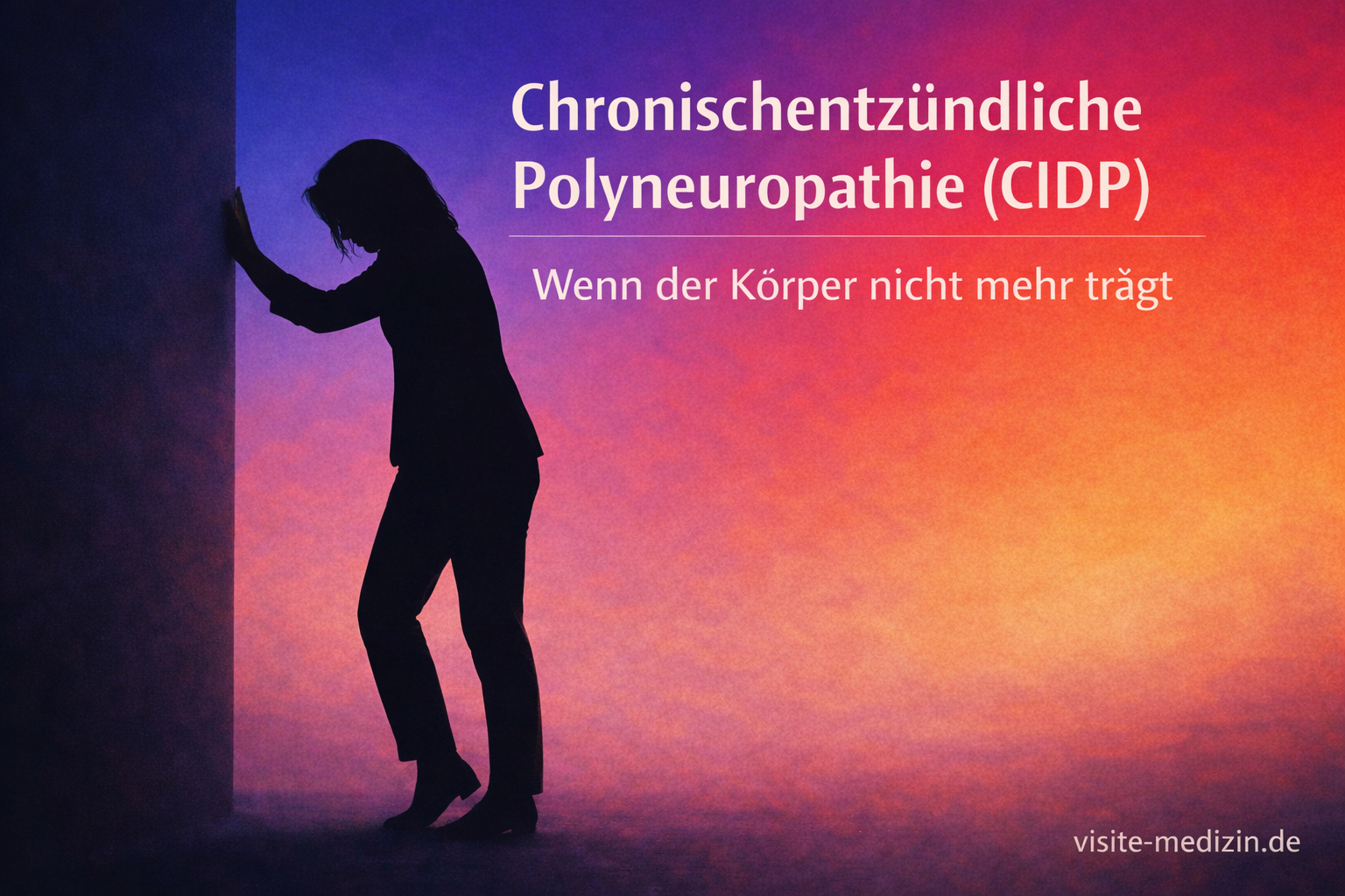Schwarze Silhouette einer etwa 45-jährigen Frau, die sich links an einer Wand festhält. Hintergrund mit weichem Farbverlauf von Blau/Violett zu Magenta, Rot, Orange und Gelb. Titel: „Chronischentzündliche Polyneuropathie (CIDP)“. Untertitel: „Wenn der Körper nicht mehr trägt“. Signatur rechts unten: „visite-medizin.de“.