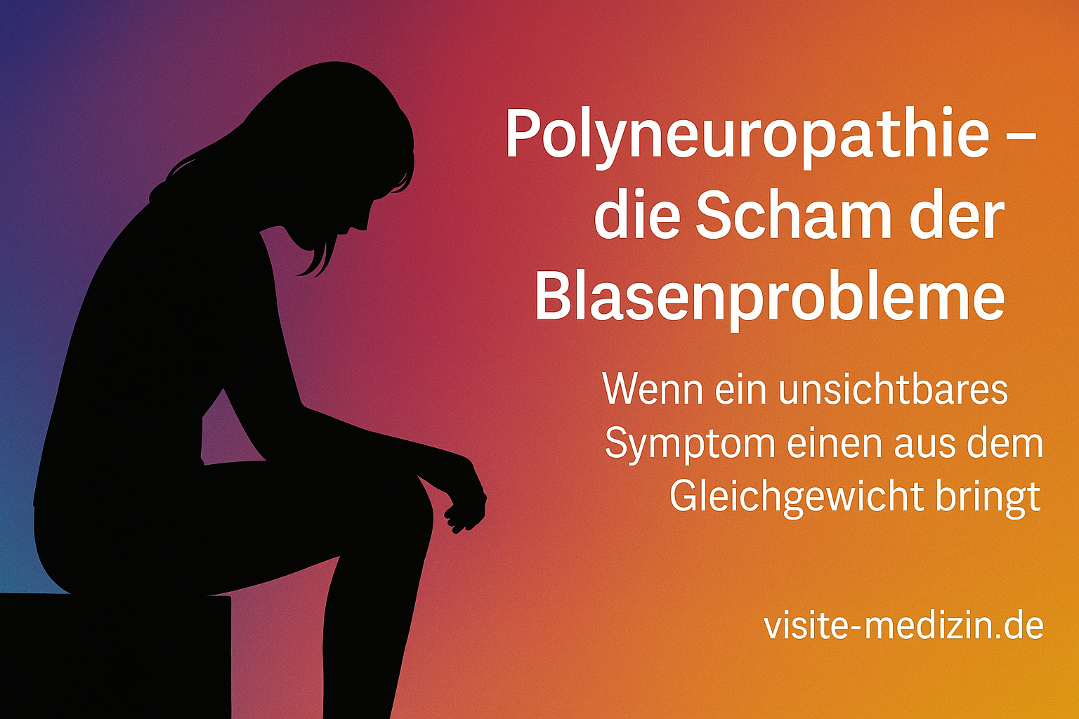 Schwarze Silhouette einer sitzenden Frau vor einem Farbverlauf in Blau, Magenta, Rot, Orange und Gelb. Links sitzt die Frau leicht nach vorne gebeugt, rechts steht der Text: Polyneuropathie – die Scham der Blasenprobleme. Untertitel: Wenn ein unsichtbares Symptom einen aus dem Gleichgewicht bringt. Unten rechts die Signatur visite-medizin.de.