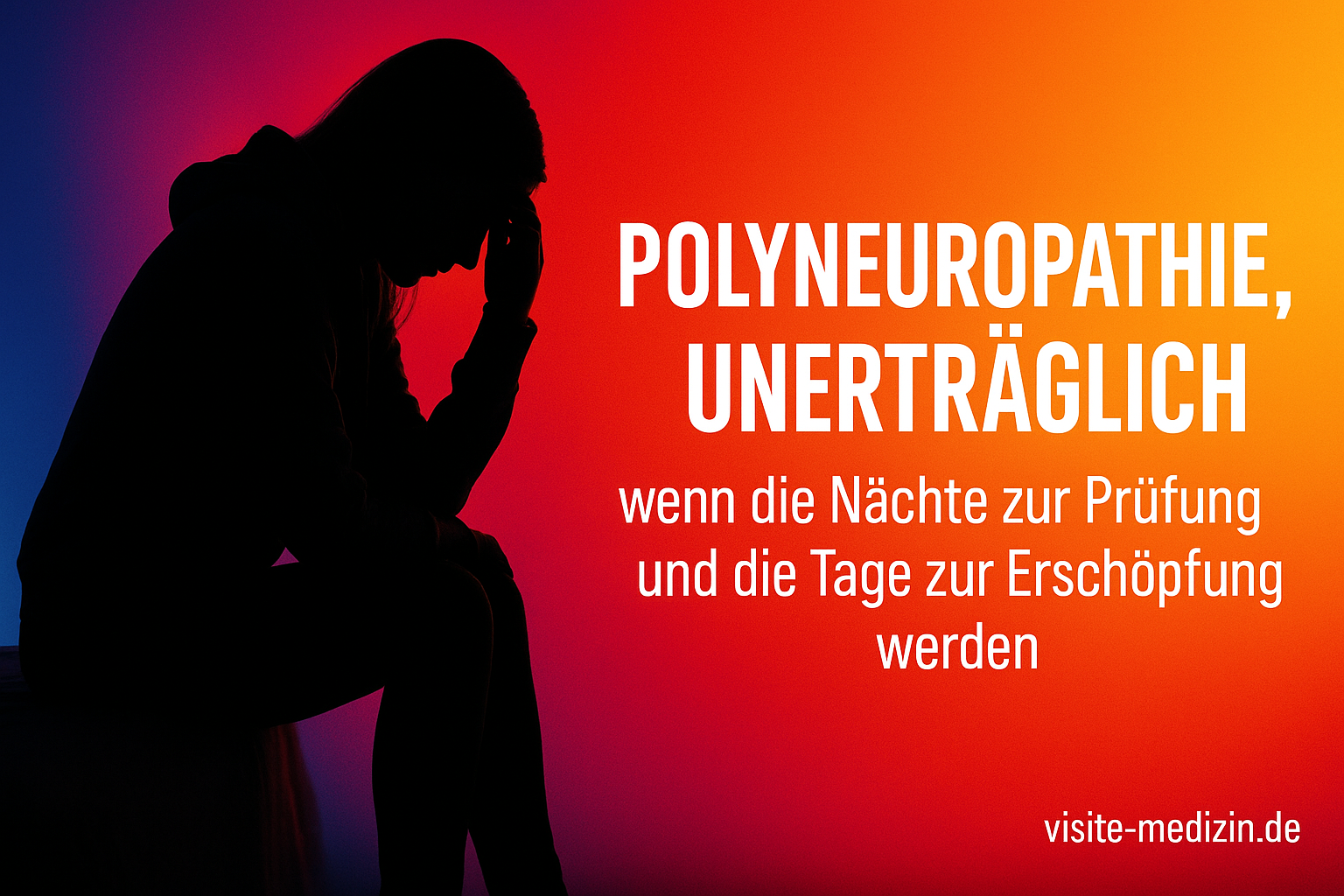 Symbolbild: Silhouette einer erschöpften Person auf der Bettkante vor einem intensiven Farbverlauf in Blau, Magenta, Rot, Orange und Gelb. Titel: Polyneuropathie, unerträglich – wenn die Nächte zur Prüfung und die Tage zur Erschöpfung werden.