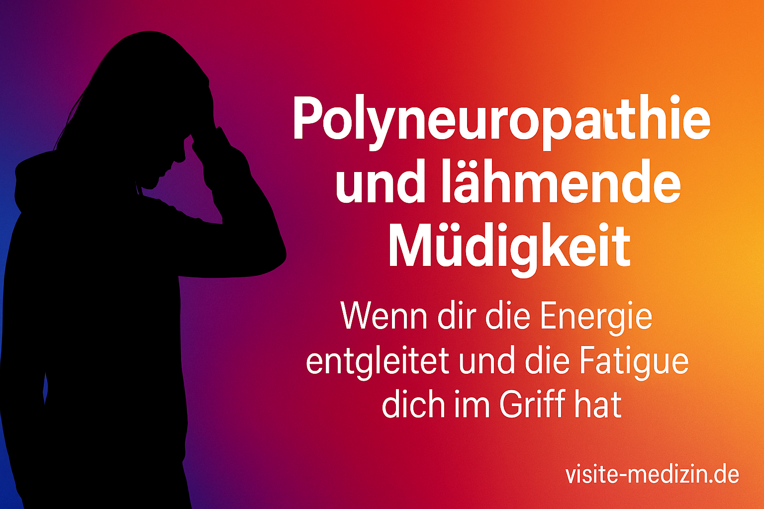 Schwarze Silhouette einer erschöpften Frau im Hoodie, links im Bild. Rechts steht der weiße Titel: Polyneuropathie und lähmende Müdigkeit – Wenn dir die Energie entgleitet und die Fatigue dich im Griff hat. Intensiver Farbverlauf im Hintergrund.