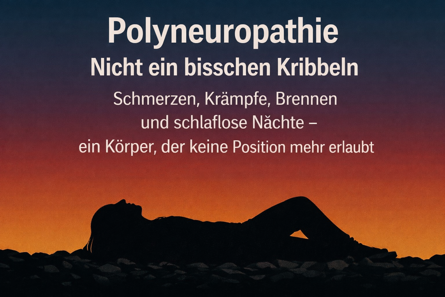 Schwarze Silhouette einer 40-jährigen Frau mit Hoodie (Kapuze nicht auf), lange glatte Haare, liegend auf steinigem Untergrund vor einem dunklen Farbverlauf. Text im Bild: „Polyneuropathie – Nicht ein bisschen Kribbeln. Schmerzen, Krämpfe, Brennen und schlaflose Nächte – ein Körper, der keine Position mehr erlaubt.“