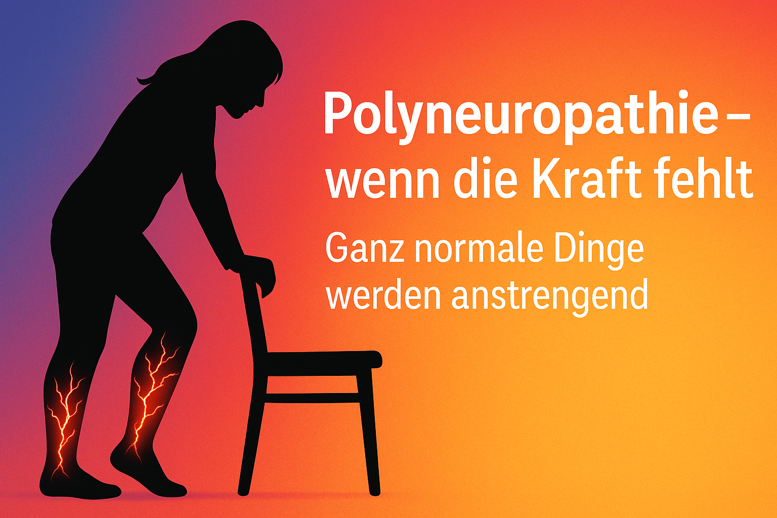 Polyneuropathie: Silhouette einer Frau mit langen Haaren, links im Bild, stützt sich auf einen Stuhl, elektrische Ströme an Füßen und Waden, rechts Platz für Text