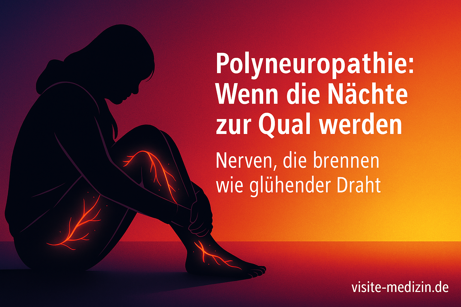 Silhouette einer Frau mit Polyneuropathie, sitzend im nächtlichen Farbverlauf, mit brennenden Schmerzlinien in den Beinen. Titel: Polyneuropathie – Wenn die Nächte zur Qual werden. Untertitel: Schmerzen aus der Hölle.