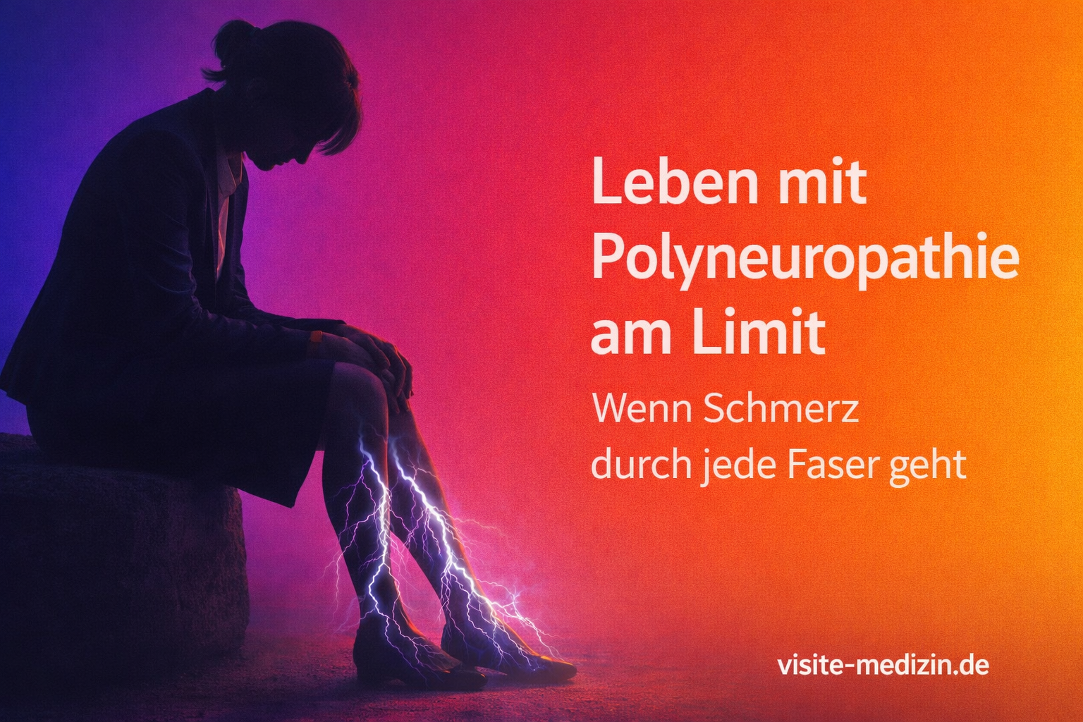Frau in Business-Kleidung sitzt als schattige Silhouette auf einem Stein. Helle elektrische Blitze durchziehen ihre Beine als Symbol für Nervenschmerzen bei Polyneuropathie. Im Hintergrund ein harmonischer Farbverlauf in Violett, Pink, Rot, Orange und Gelb. Im Bild steht der Titel Leben mit Polyneuropathie am Limit und der Untertitel Wenn Schmerz durch jede Faser geht. Unten rechts steht visite-medizin.de.