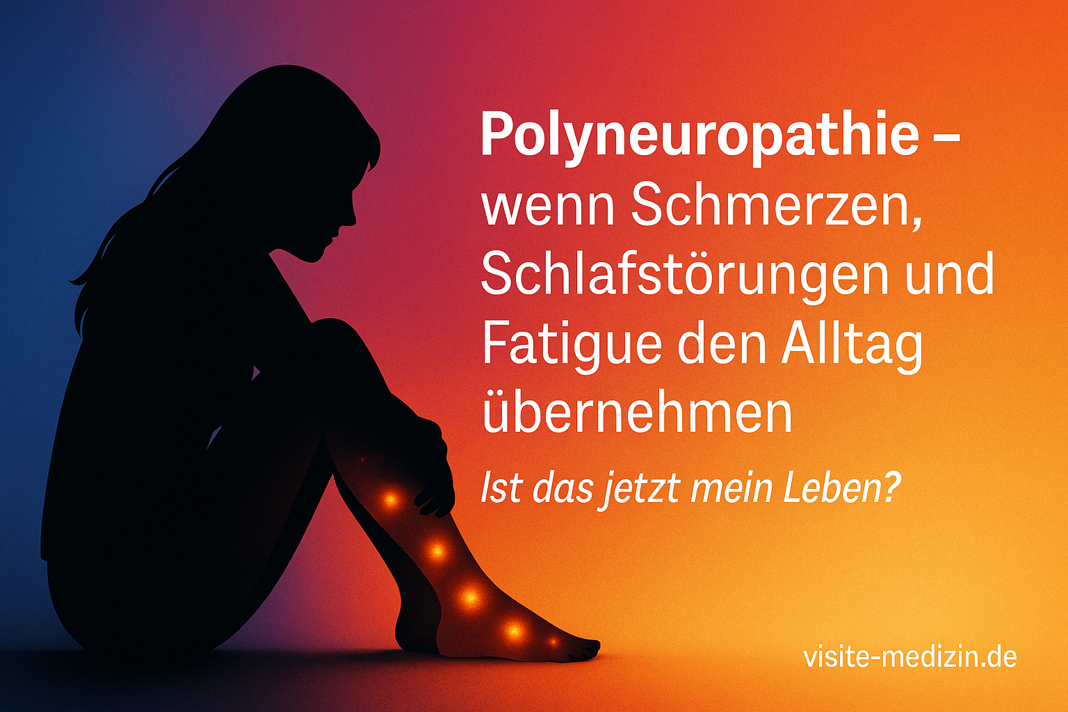 Silhouette einer Frau mit brennenden Punkten in den Beinen, daneben der Titel: Polyneuropathie – wenn Schmerzen, Schlafstörungen und Fatigue den Alltag übernehmen