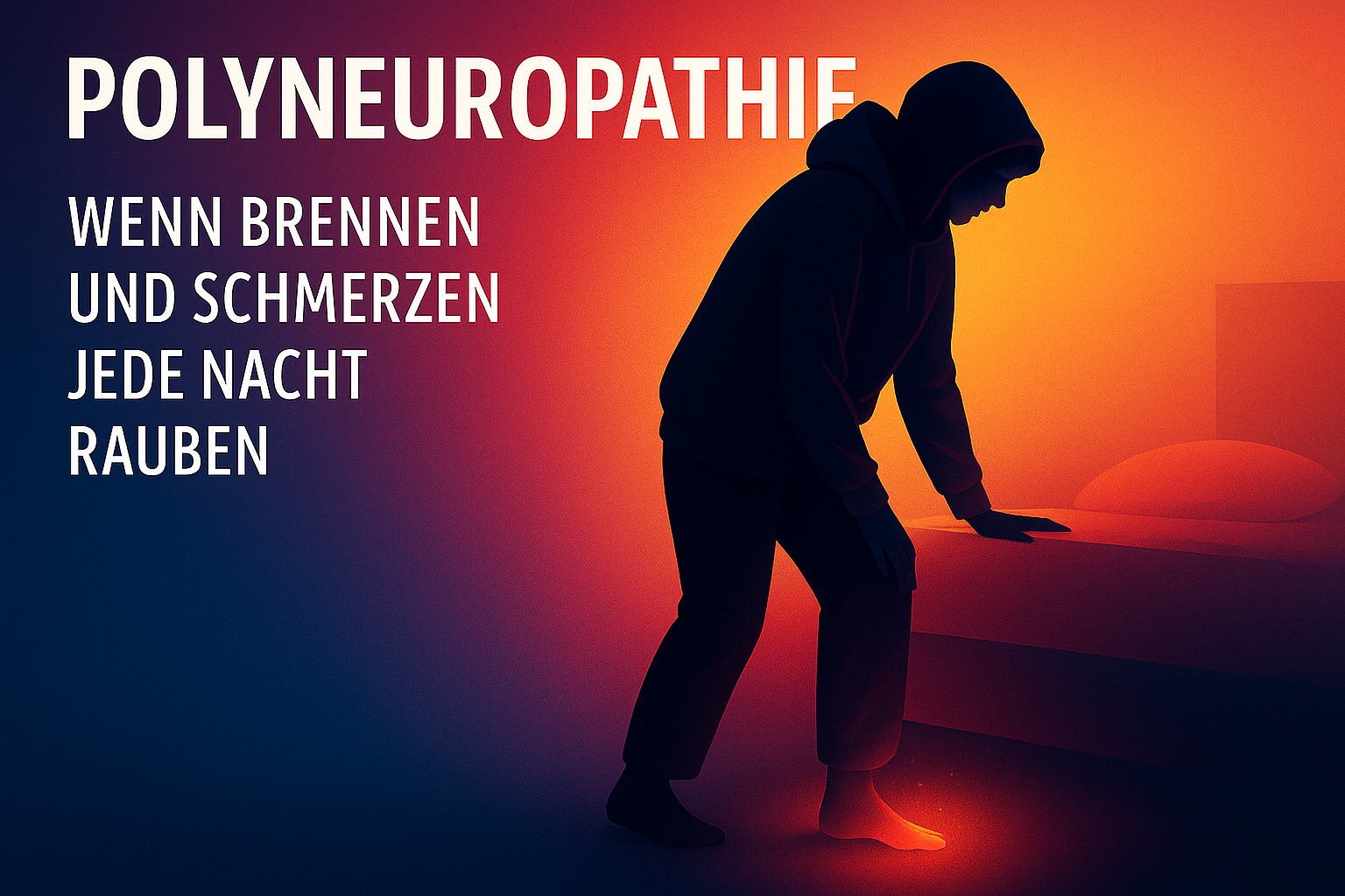 Frau mit Hoody steht erschöpft am Bett, der Fuß glüht vor Schmerzen – Symbolbild für nächtliche Polyneuropathie