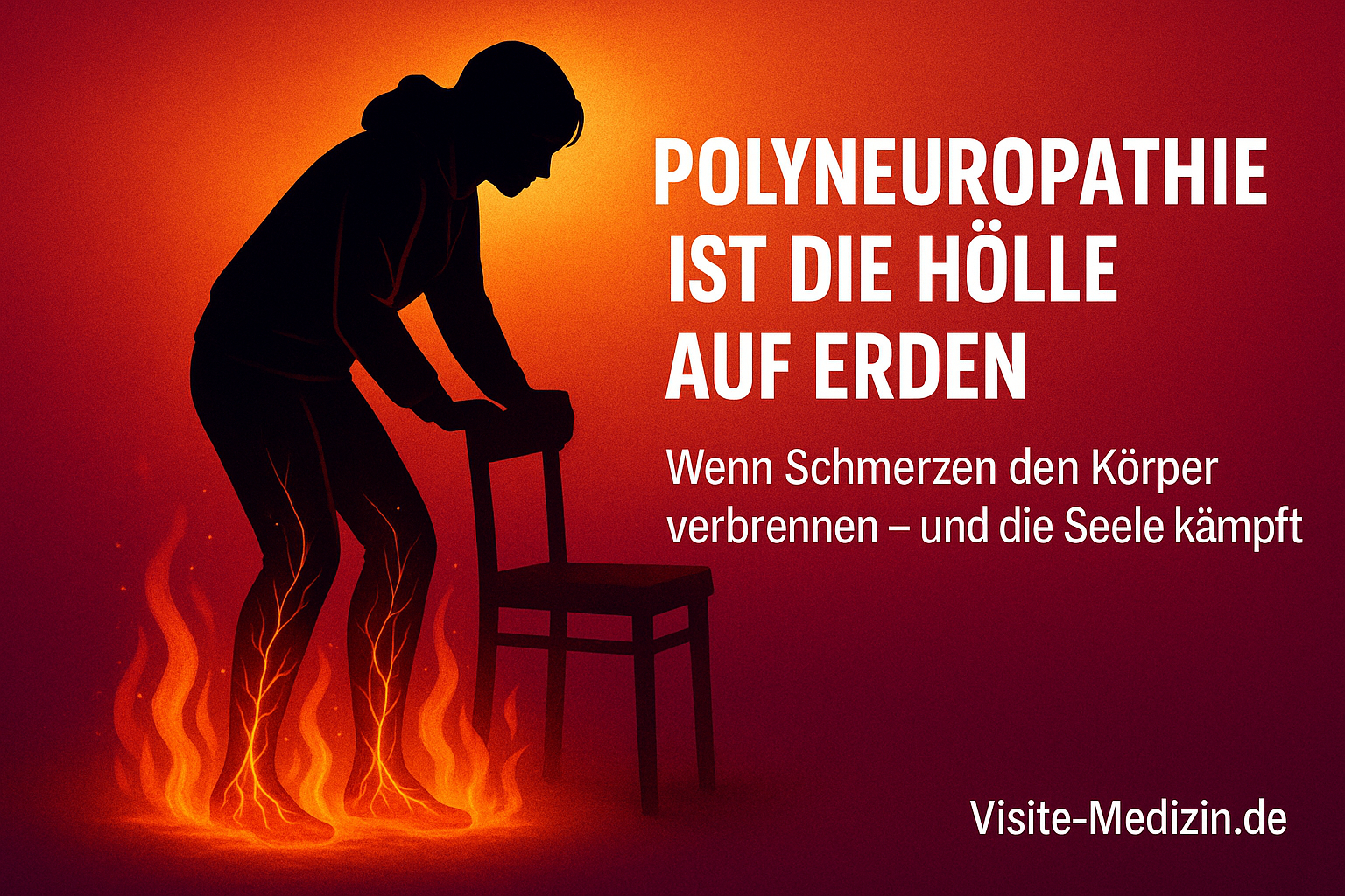 Silhouette einer Frau mit Hoodie, stützt sich auf einen Stuhl; ihre Füße stehen in stilisierten Flammen. Hintergrund in Visite-Medizin-Farbverlauf. Titel im Bild: Polyneuropathie ist die Hölle auf Erden.