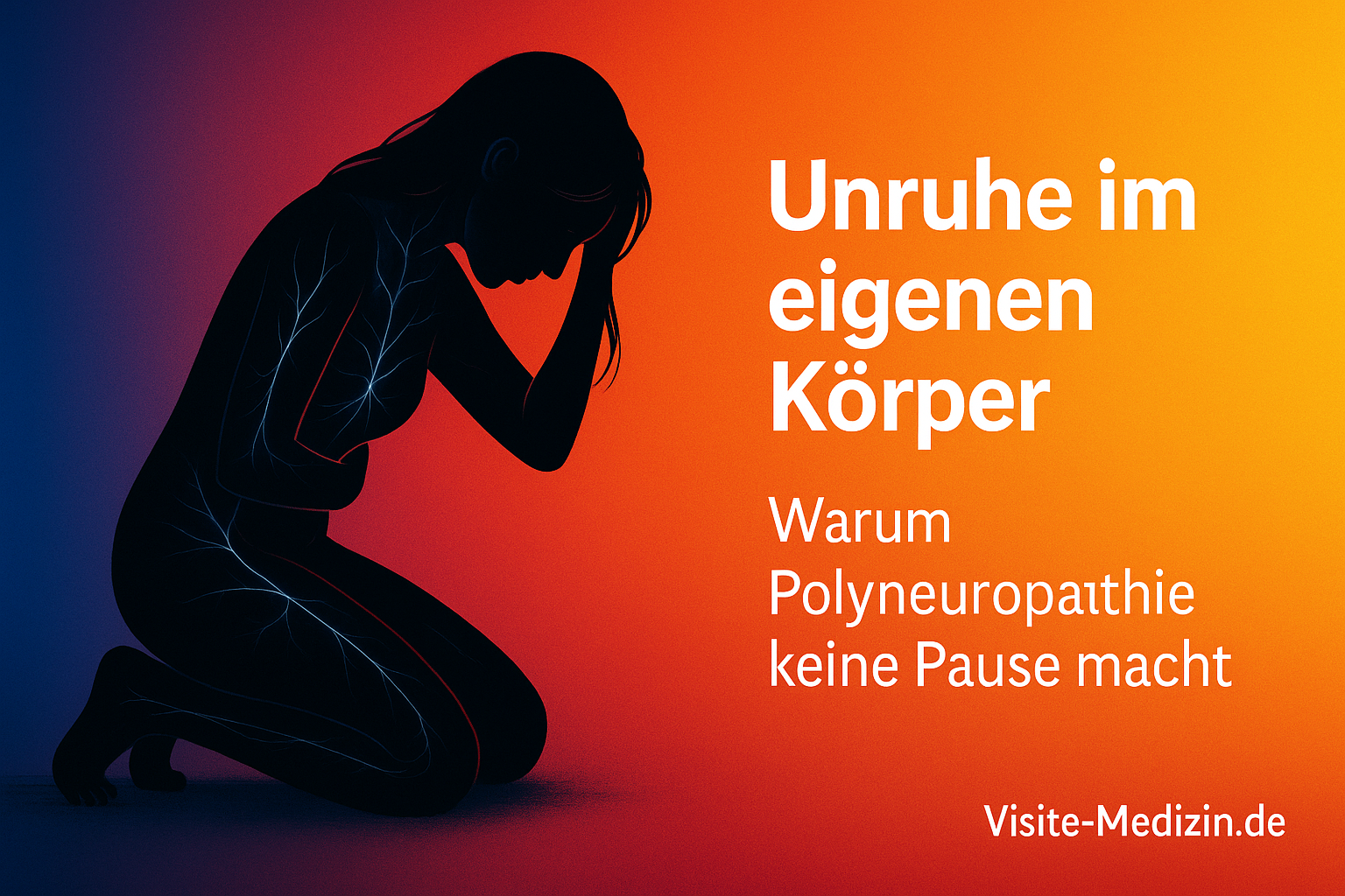 Silhouette einer knienden Frau mit langen Haaren vor einem Farbverlauf von Blau über Magenta und Rot zu Orange und Gelb. Im rechten Bildbereich steht der Text: Unruhe im eigenen Körper – Warum Polyneuropathie keine Pause macht. Unten rechts steht Visite-Medizin.de.