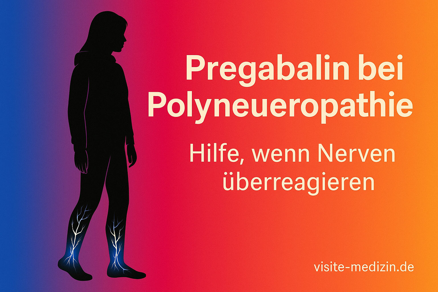 Schwarze Silhouette einer Frau vor Farbverlauf Blau–Magenta–Rot–Orange–Gelb. Rechts steht der Text: Pregabalin bei Polyneuropathie – Hilfe, wenn Nerven überreagieren. Unten rechts: visite-medizin.de.