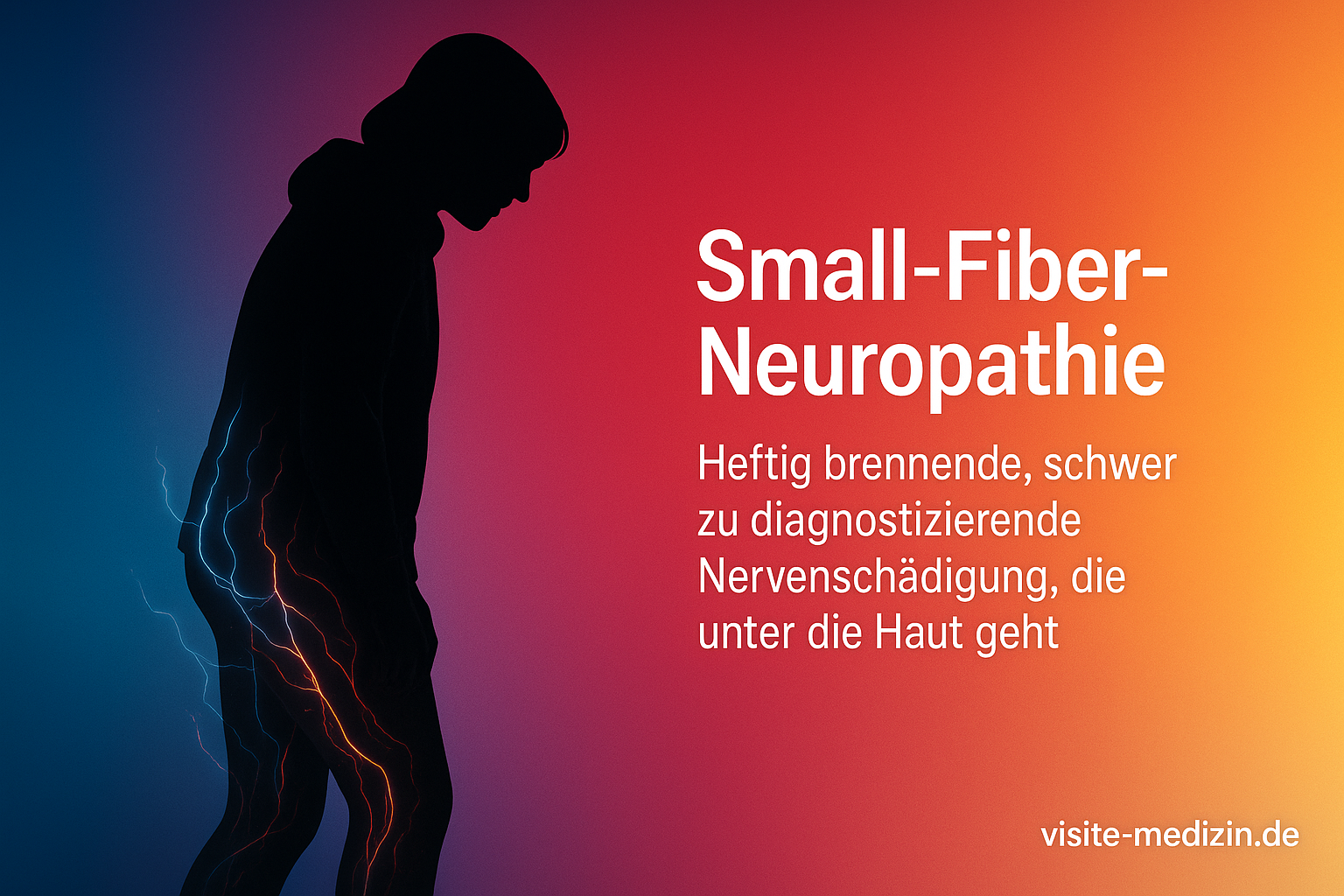 Abstrakte medizinische Illustration: bekleidete Silhouette, von elektrischen Nervenimpulsen umgeben, vor positivem Farbverlauf – Thema Small-Fiber-Neuropathie