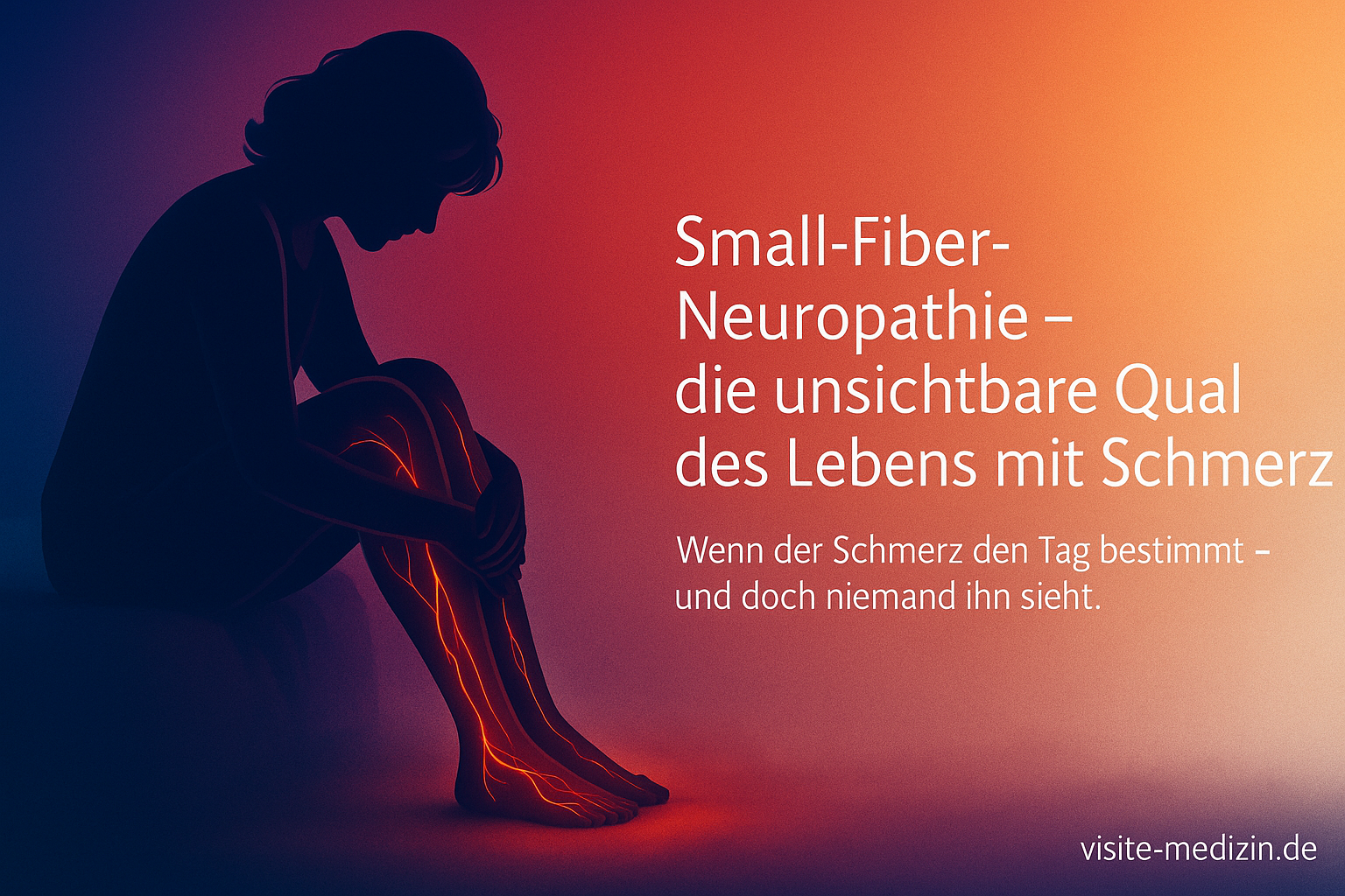 Silhouette einer Frau, die ihre brennenden Beine hält. Rechts daneben Text zur unsichtbaren Qual bei Small-Fiber-Neuropathie.