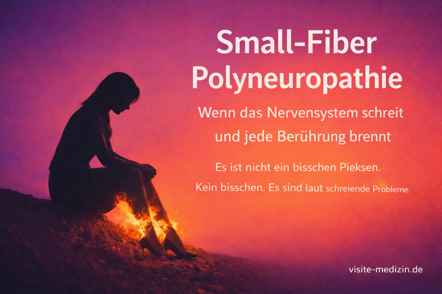 Schwarze Silhouette einer sitzenden Frau mit brennenden Beinen als Symbol für Small-Fiber-Polyneuropathie