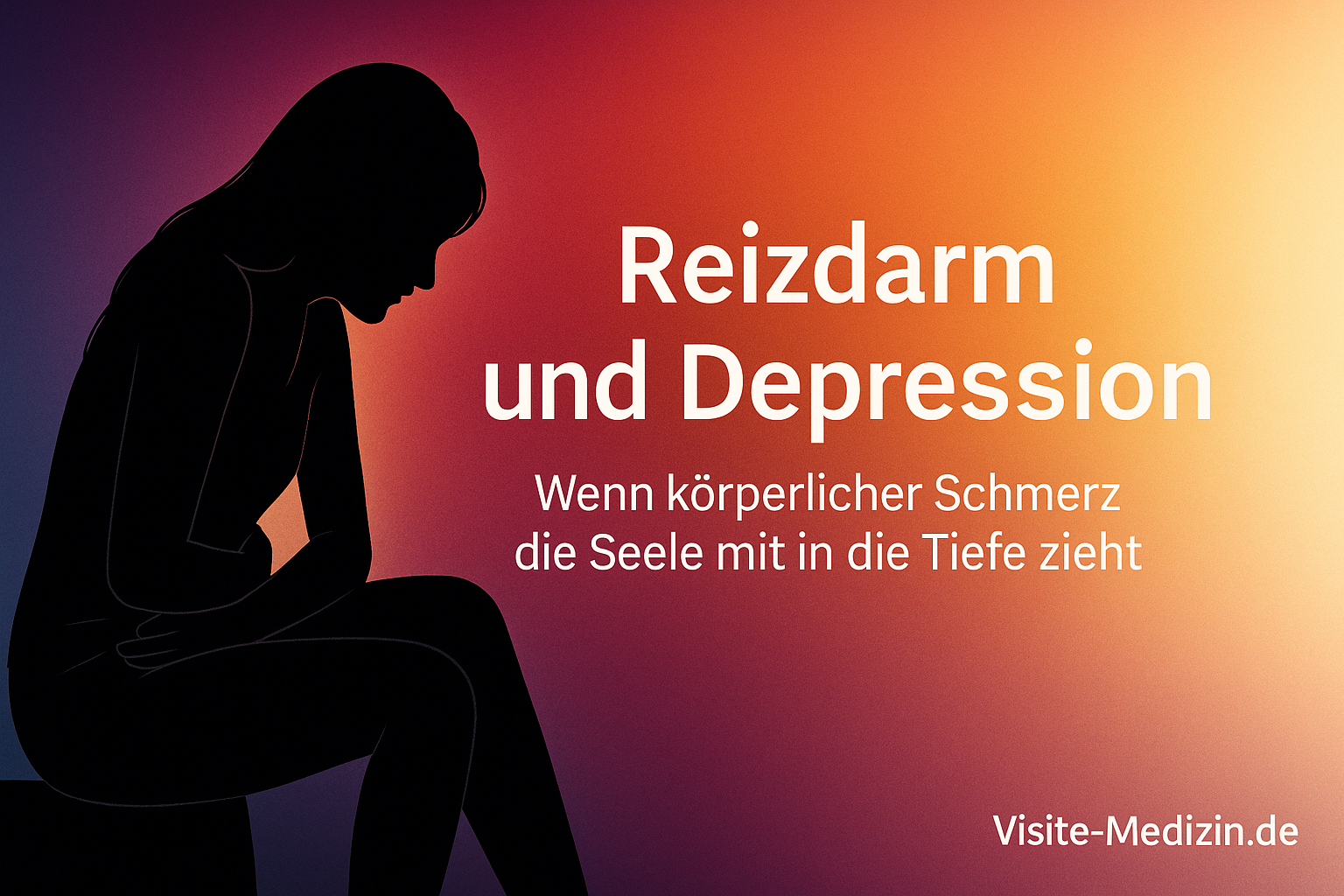 Sitzende Frau als schwarze Silhouette hält sich den Bauch – Symbolbild für Reizdarm und seelische Belastung