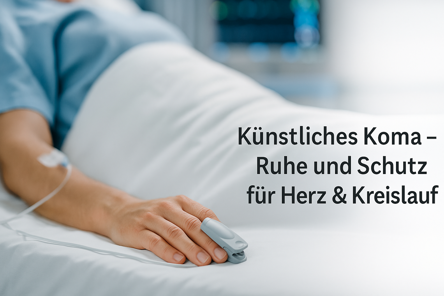 Ruhig liegende Hand mit Finger-Pulsoximeter; klinisches Umfeld dezent unscharf. Symbol für kontrollierte Ruhe im künstlichen Koma.