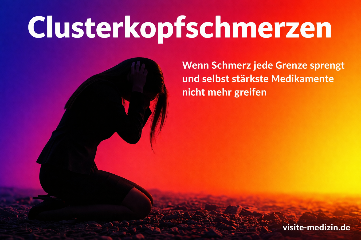 Clusterkopfschmerzen – schwarze Silhouette einer knieenden Frau mit Business-Outfit vor einem farbigen Hintergrundverlauf in Violett, Pink, Rot, Orange und Gelb