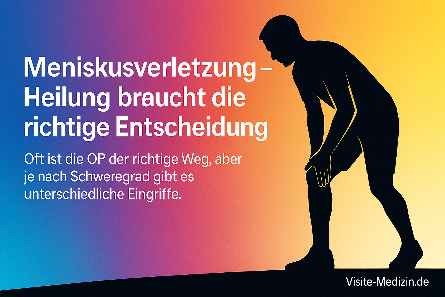 Schwarze Silhouette einer sportlichen Person mit der Hand am Knie, vor einem positiven Farbverlauf in Blau, Magenta, Rot, Orange und Gelb. Das Bild symbolisiert Heilung und Zuversicht nach einer Meniskusverletzung.
